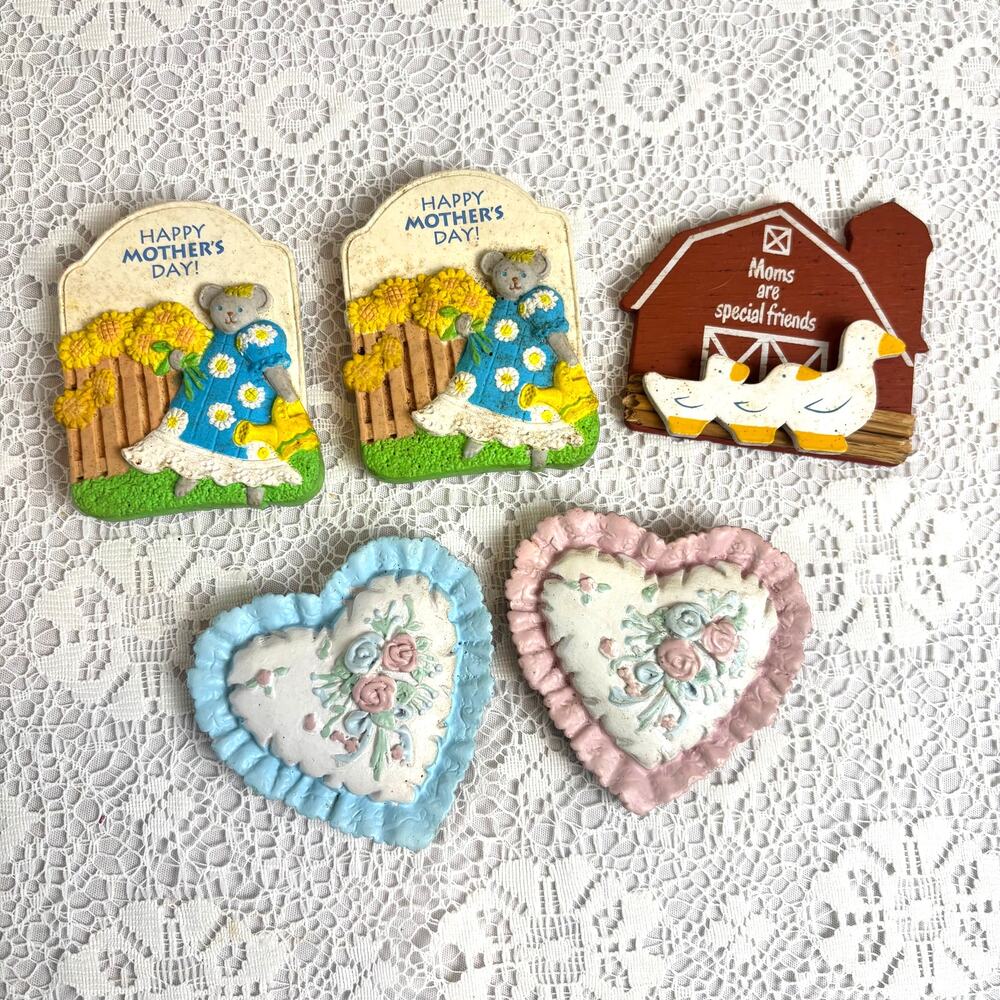 Vintage Refrigerator Magnet Lot of 5 Floral Hearts Farmhouse Mom Decor